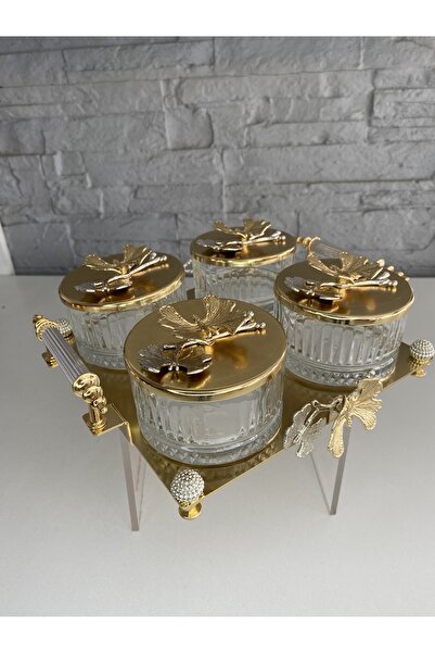 ALANYA HOME DECOR Gold Kelebekli 4lü Tepsili Kase Sunumluk/çerezlik Altın 26x...