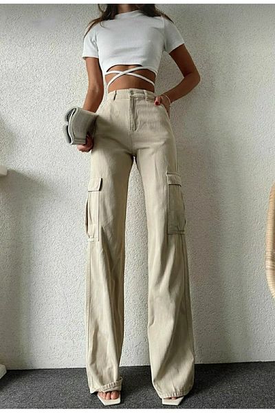Trn JNS Sasha Beige Cargo largi, fără buzunar la spate, din lycra, pantaloni de jeans cu talie super înaltă