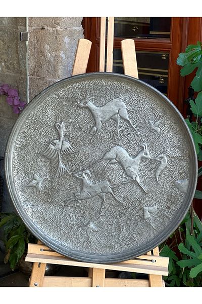 ANTEPSEPETİ Antique Embossed Copper Tray with Gazelle Figure 73cm