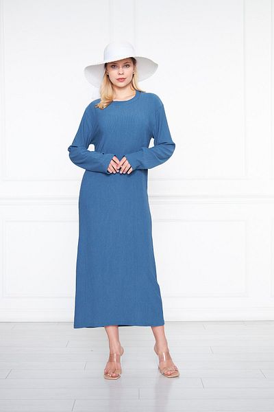 brako tekstil Rochie lungă, albastră, cu decolteu rotund, solidă