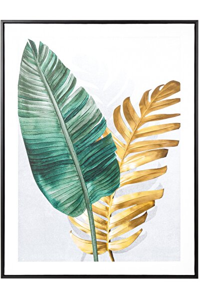 Herdekora Siyah Ahşap Çerçeveli Palmiye Yaprağı Kanvas Tablo Gold-yeşil 60x3x...