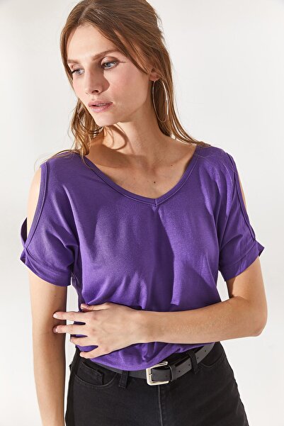 Olalook Bluză din viscoză tricotată, mov, cu decolteu în V, cu umeri BLZ-19002291