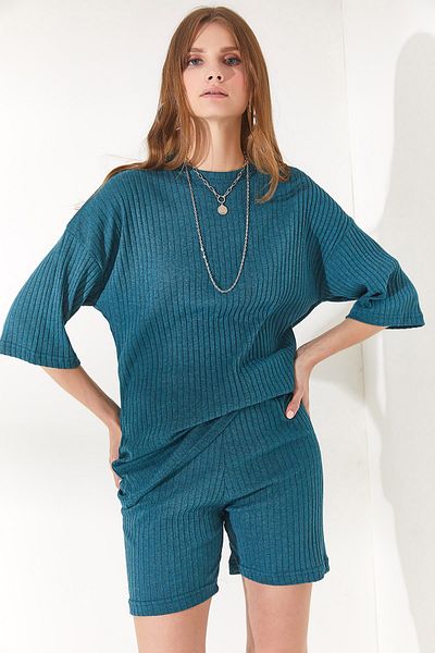 Olalook Women's Petrol Blue Bottom Short Tights Top Loose Blouse Set TKM-19000200