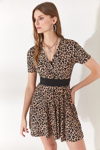 Olalook Γυναικείο Leopard Beige φόρεμα με διπλό στήθος με φουσκωτό γιακά ELB-19001846