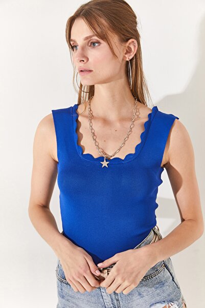 Olalook Жіноча трикотажна блузка Saks з синім коміром BLZ19001450