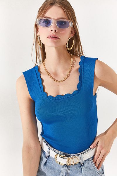 Olalook Women's Indigo Collar Detailed Above Waist Knitwear Blouse BLZ-19001450