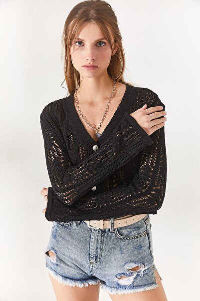 Olalook Dámský černý španělský rukáv třpytivý zakřivený bavlněný svetr HRK-19000225