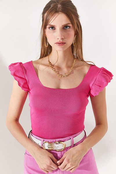 Olalook Women's Pink Sleeve Ruffled Summer Knitwear Blouse BLZ-19001035