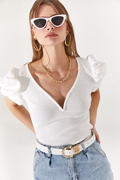 Olalook Γυναικεία εκρού V Βαμβακερή μπλούζα με λεπτομέρεια Princess Sleeve BLZ-19002296