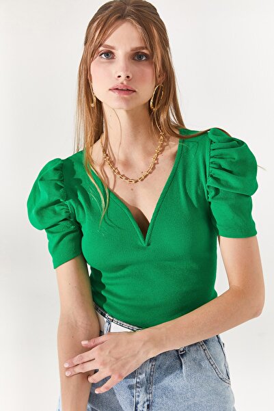 Olalook Γυναικεία γρασίδι Πράσινη V Μπλούζα με λεπτομερή μανίκια από βαμβάκι BLZ-19002296