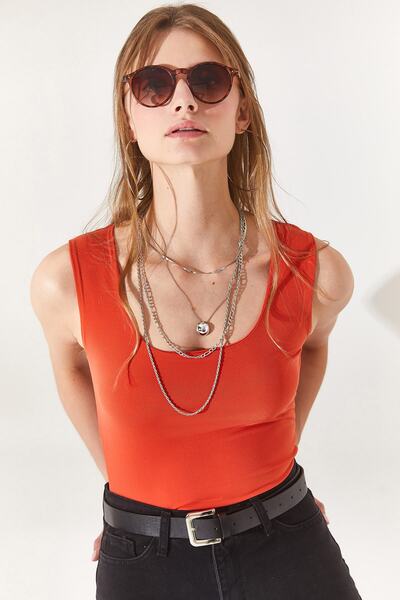 Olalook Women's Orange Square Collar Front Double Layer Sandy Blouse BLZ-19002252