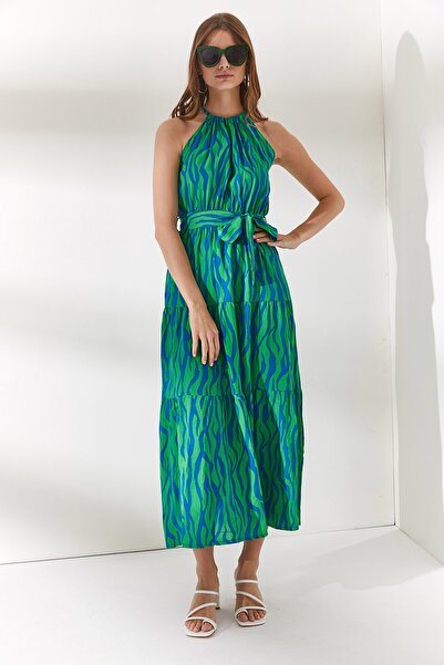 Olalook Kadın Zebra Yeşil Halter Yaka Kuşaklı Dokuma Viscon Elbise ELB-19001548