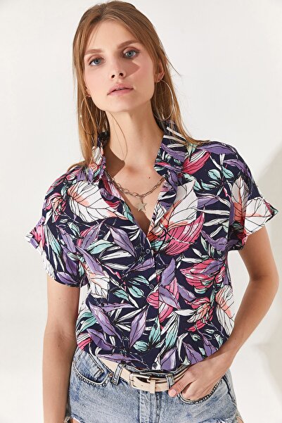 Olalook Γυναικείο μωβ λευκό πουκάμισο με νυχτερίδα GML- 19000576