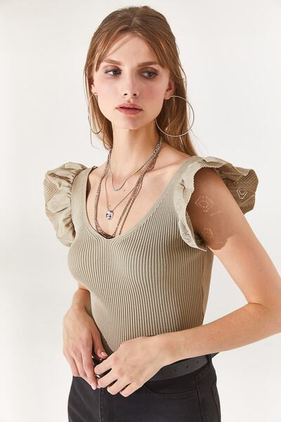 Olalook Γυναικεία πέτρα μπροστινό πίσω V βολάν ώμου Πλεκτό μπλούζα BLZ-19001097