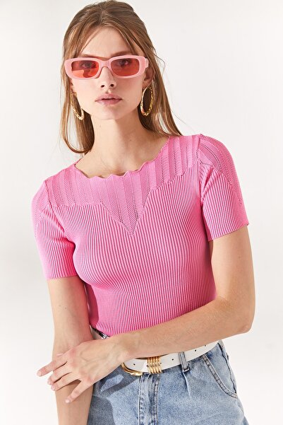 Olalook Γυναικεία πλεκτά μπλούζα με ροζ γιακά καραμέλα BLZ-19002226