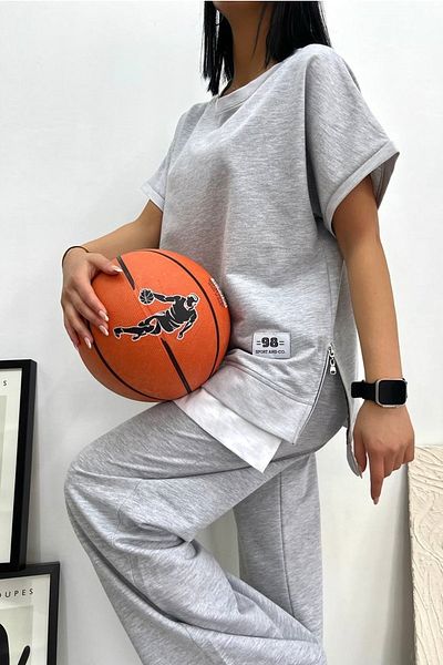 lovebox Women's Two Thread Cotton Fabric Oversize Design Side Zipper Detailed Gray Tracksuit Set 016