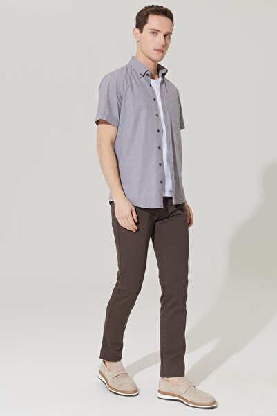 AC&Co / Altınyıldız Classics Men's Brown-white Slim Fit Slim Fit Button Collar 100% Cotton Dobby Short Sleeve Shirt