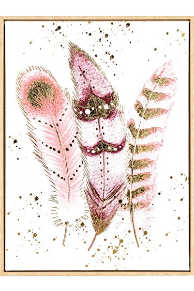 Herdekora Doğal Ahşap Çerçeveli Gold Kabartmalı Kuş Tüyü Figürlü Kanvas Tablo...