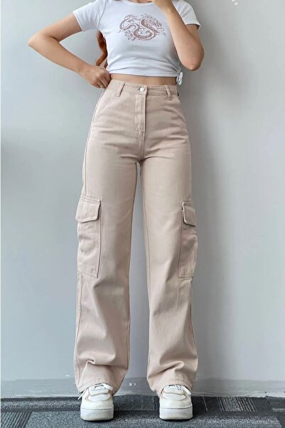 Livik Cataniza Lycra 90's Brown Pocket No Back Pocket High Waist Loose Leg Loose Denim Palazzo Παντελόνι