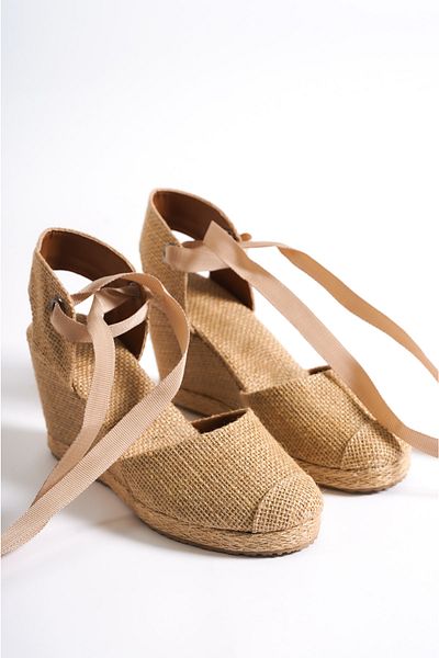 SİLVERSTONE SHOES Women's Lace-Up Straw Wedge Heel Shoes
