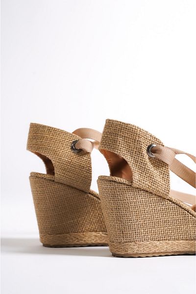 SİLVERSTONE SHOES Women's Lace-Up Straw Wedge Heel Shoes