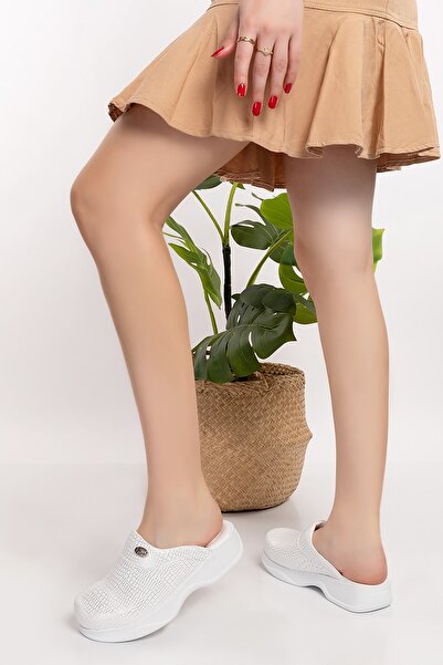 Nur Ortopedi Beyaz Gümüş Simli Klasik Taban Ortopedik Terlik Sabo 101