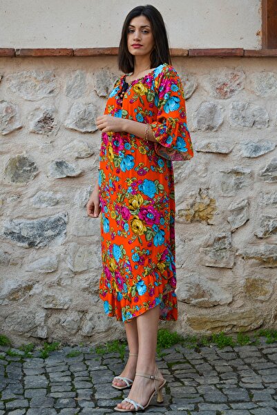 Assos Otantik Kadın Çiçekli Önü Boncuklu Elbise Turuncu Çiçekli