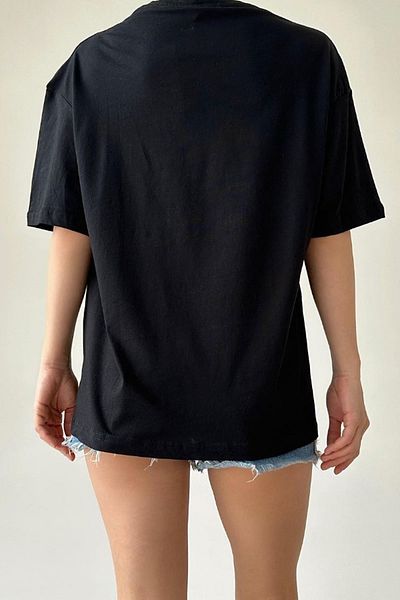 MODAGEN Women's Black Oversize 100% Cotton Yesterday Printed T-shirt