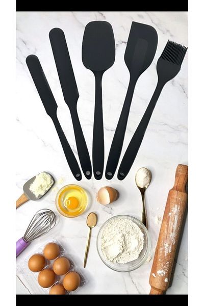 Multiamo 27cm Fireproof Non-Stick Silicone Spatula Set 5 Pieces Flat/Pointed Spatula Pastry Maker Spatula + Egg Brush