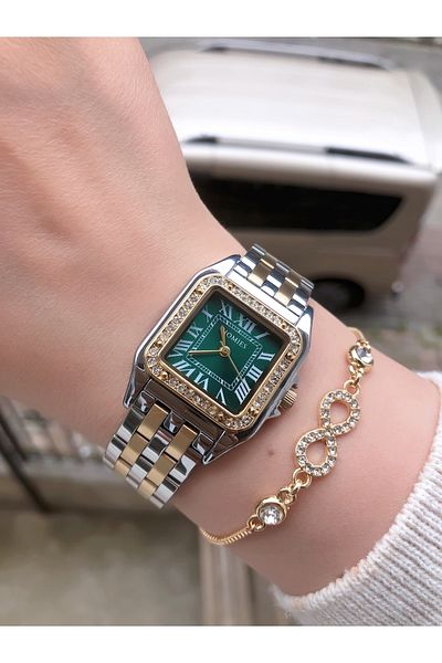 Homies Square Stone Two Color Gold and Silver New Season 3Atm Waterproof Women's Watch Gift Bracelet