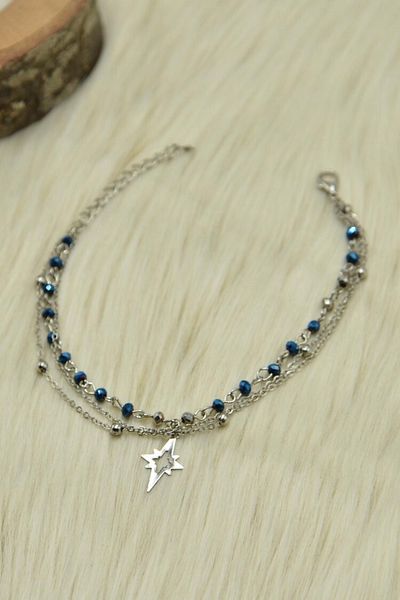 AKIN AKSESUAR HEDİYELİK Blue Crystal Beaded Multiple Silver Color Chain Anklet