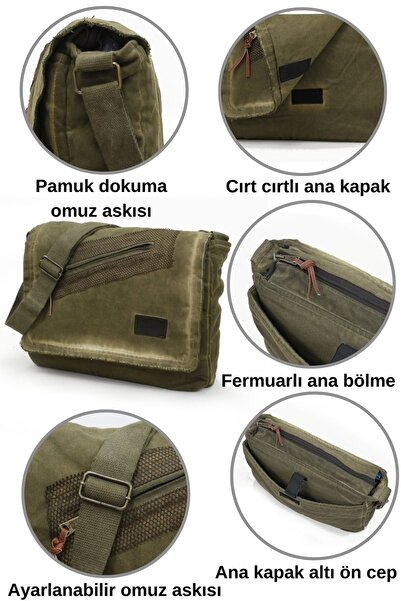 Old Cotton Cargo 7136 Small Army Green Khaki Daily Shoulder Bag Canvas School Tablet Bag