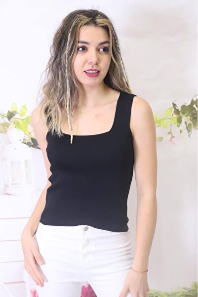 WAPP Жіноча чорна трикотажна блуза з квадратним коміром, кроп-топ, стандартни...