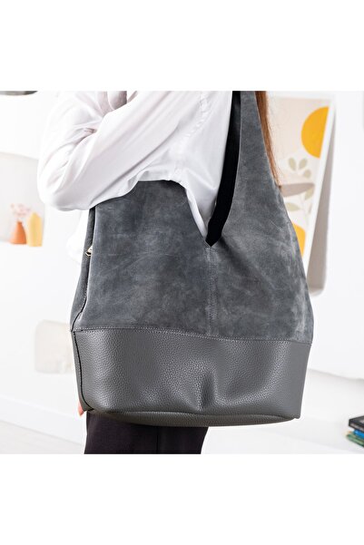 DK LEATHER Hakiki Süet Deri Büyük Boy Kadın Omuz Kol Çantası - Çıtçıtlı Ve Iç...