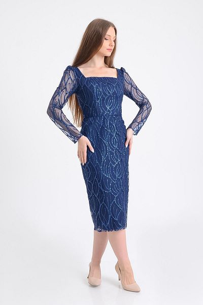 SpringStore Rochie de seara cu decolteu patrat albastru bleumarin cu sclipici lungime midi