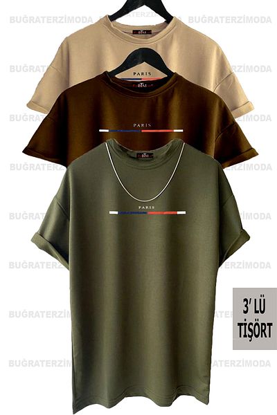 Buğraterzimoda Unisex Λεπτό ριγέ Παρίσι με στάμπα Loose Fit (καφέ-χακί-μπεζ) Μπλουζάκι με 3 πακέτα μεγάλου μεγέθους