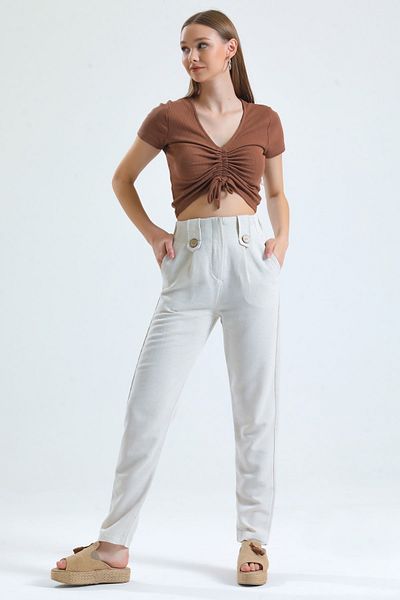 MD trend Women's Stone High Waist Front Zipper Closure Elastic Waist Linen Trousers