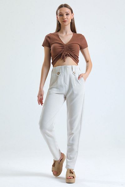 MD trend Women's Stone High Waist Front Zipper Closure Elastic Waist Linen Trousers