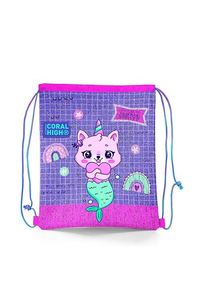 Coral High Kids Water Green Lavender Unicorn Cat Patterned Drawstring Drawstring Backpack 22683