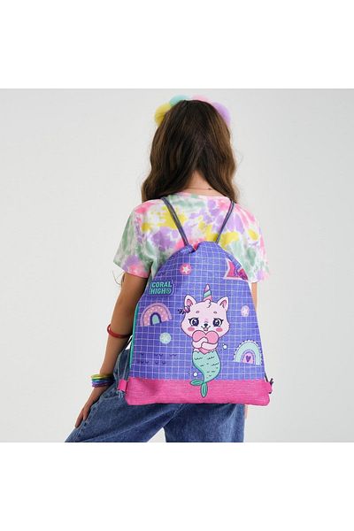 Coral High Kids Water Green Lavender Unicorn Cat Patterned Drawstring Drawstring Backpack 22683