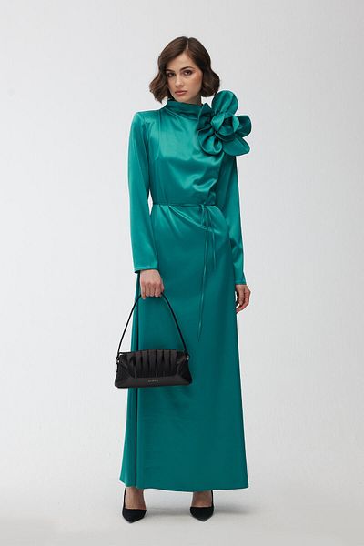 Manuka Floral Detailed Satin Evening Dress Green