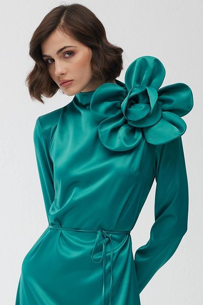 Manuka Floral Detailed Satin Evening Dress Green