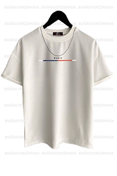 Buğraterzimoda Unisex Λεπτό ριγέ Παρίσι με στάμπα Loose Fit (μαύρο-άσπρο-γκρι) Μπλουζάκι Oversize 3 τεμαχίων