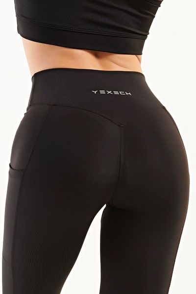 YEXECH Leggings sport negri pentru femei cu talie înaltă, elastici, de ridicare, cu buzunare, seria Push Up Connection
