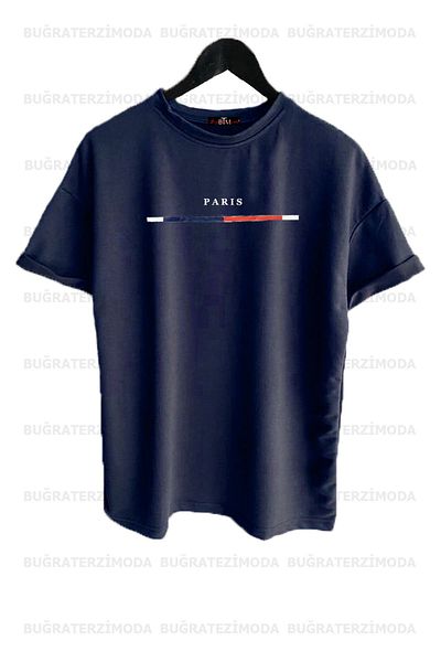 Buğraterzimoda Unisex Λεπτό ριγέ μπλουζάκι Paris με στάμπα Loose Fit (ναυτικό μπλε-κόκκινο-λευκό) Μπλουζάκι με 3 πακέτα μεγάλου μεγέθους