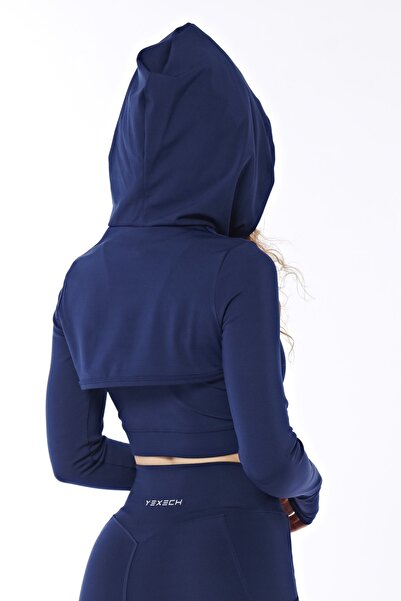 YEXECH Жіночий довгий рукав з капюшоном, темно-синій спортивний кроп-топ Rise Series Cover Crop Hoodie