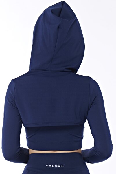 YEXECH Жіночий довгий рукав з капюшоном, темно-синій спортивний кроп-топ Rise Series Cover Crop Hoodie