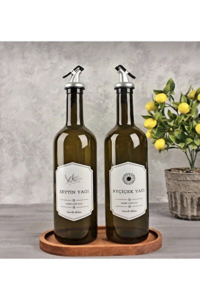Akkoyunlu home Ahşap Stantlı 2'li 750 ml Zeytinyağı Sıvı Yağ Şişesi Yağdanlık...