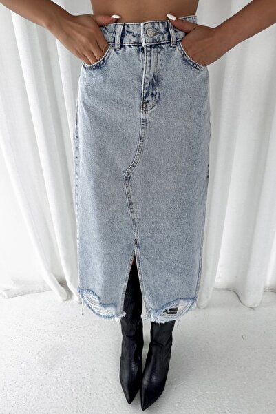 fehika Жіноча синя спідниця з розрізом, з бахромою, з довгим розрізом, з олівцевою крійкою