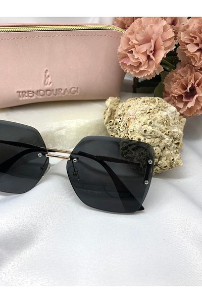 Di Caprio Siena Rectangular Black Women's Sunglasses with Gold Detail